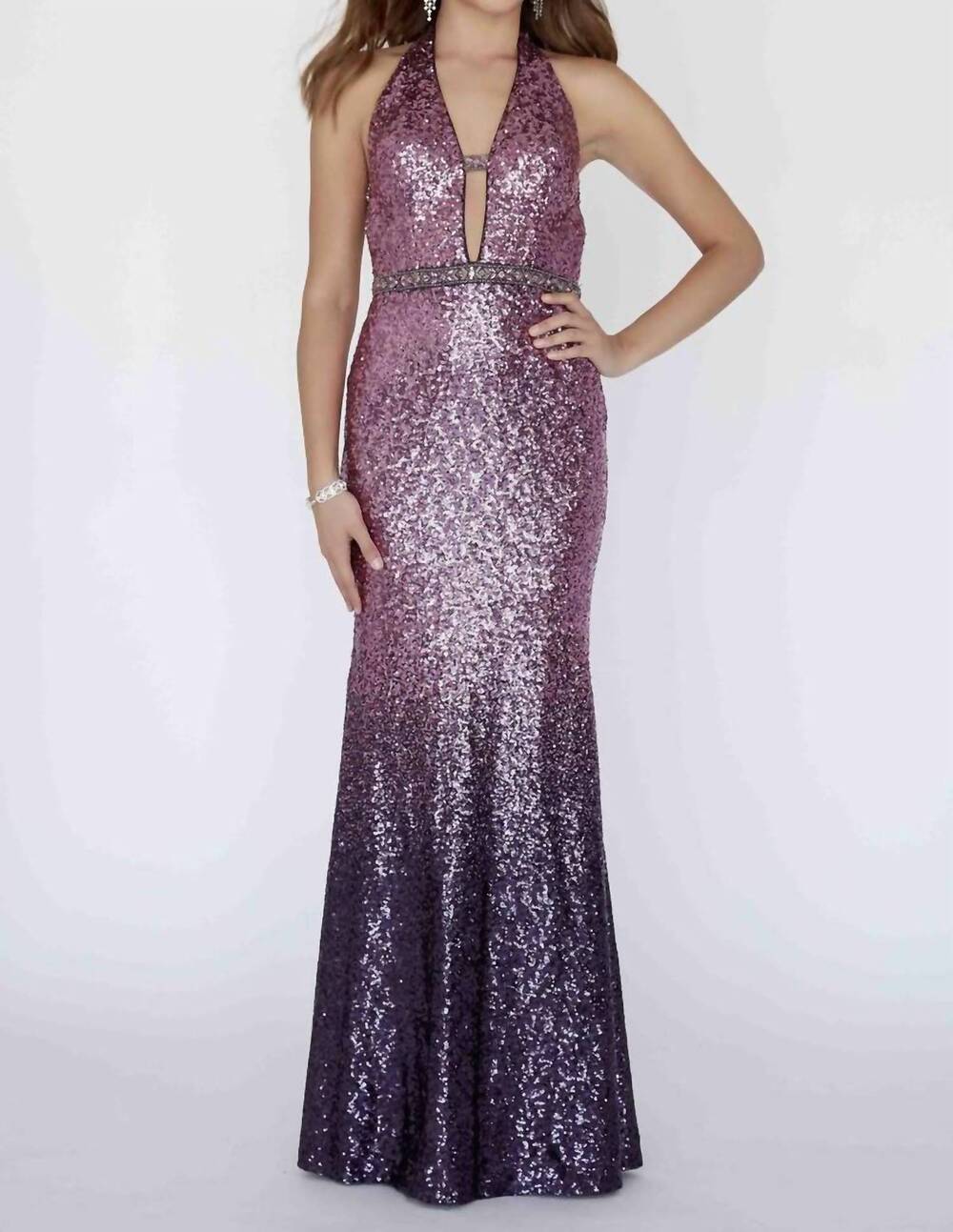 NEW JOSH & JAZZ sparkling sequin halter prom dress in plum ombre